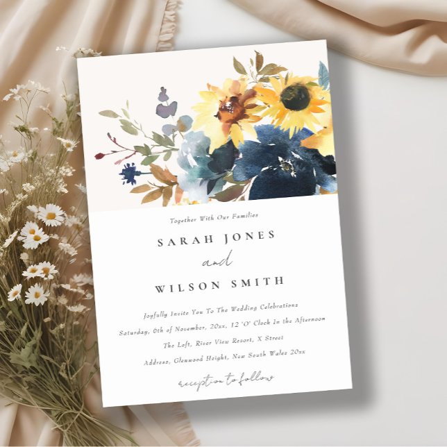 Invitation Jaune Mariage floral de la marine Sunflower (Créateur téléchargé)