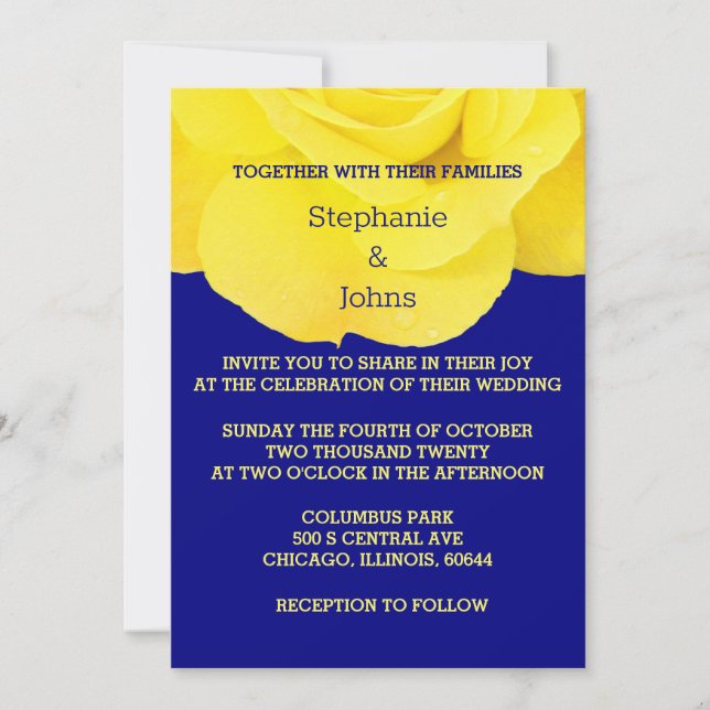 Invitation Jaune Marine Bleu Floral Rose Élégant Mariage Cool (Devant)