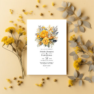 Invitation Jaune Moutarde et Fleurs de Mariage Gris Clair