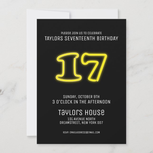 Invitation Jaune Néon Symbole 17ème fête d'anniversaire branc (Devant)
