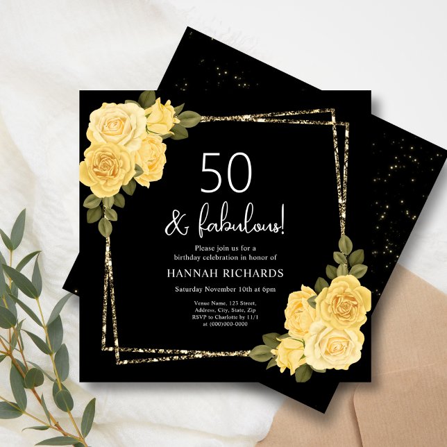 Invitation Jaune noir et or Floral 50e anniversaire (Créateur téléchargé)