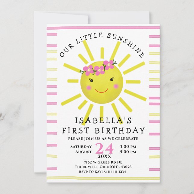 Invitation Jaune Notre Petit Soleil Première fête d'anniversa (Devant)