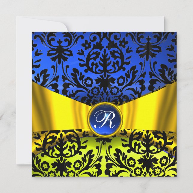 INVITATION JAUNE OR RIBBON BLEU BLEU BLACK DAMASK MONOGRAM (Devant)