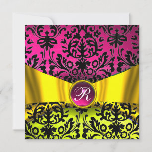 INVITATION JAUNE OR RIBBON FUCHSIA BLACK DAMASK MONOGRAM