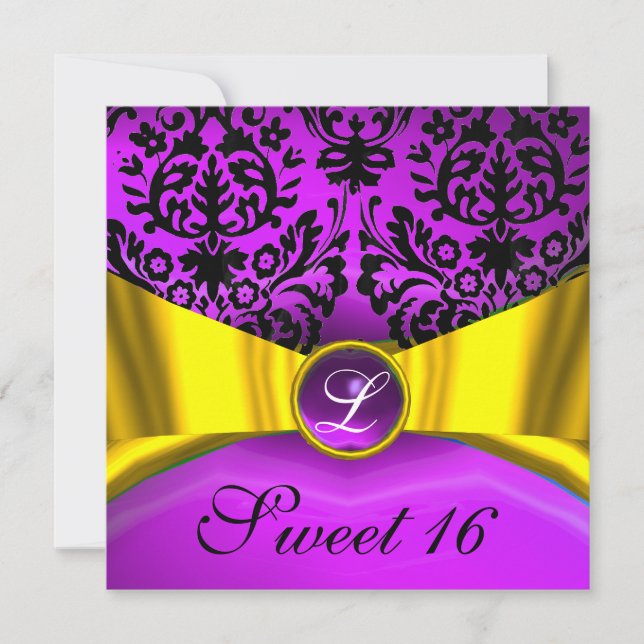 INVITATION JAUNE OR RIBBON PURPLE BLACK DAMASK MONOGRAM (Devant)