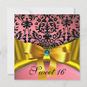 INVITATION JAUNE OR RIBBON ROSE NOIR DAMASK