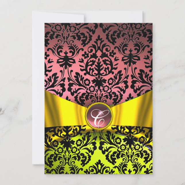 INVITATION JAUNE OR RIBBON ROSE NOIR DAMASK MONOGRAM (Devant)