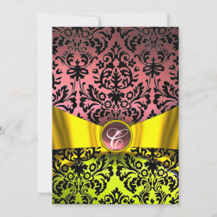 INVITATION JAUNE OR RIBBON ROSE NOIR DAMASK MONOGRAM
