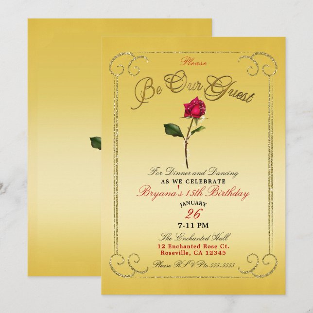 Invitation Jaune or Rouge Rose Beauté Anniversaire (Devant / Derrière)