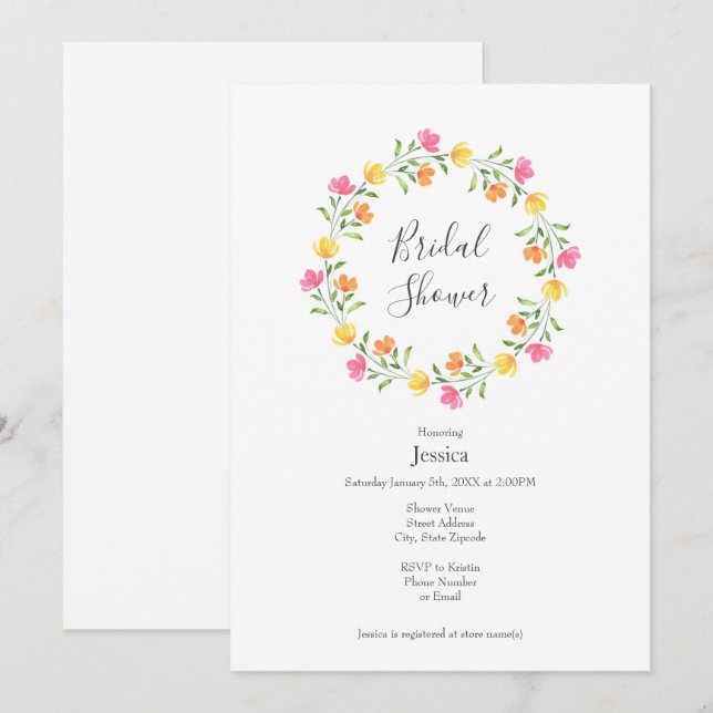 Invitation Jaune, orange, Aquarelle rose Fleur couronne (Devant / Derrière)