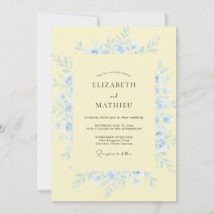 Invitation Jaune Pâle Bleu Éthéré Floral Mariage