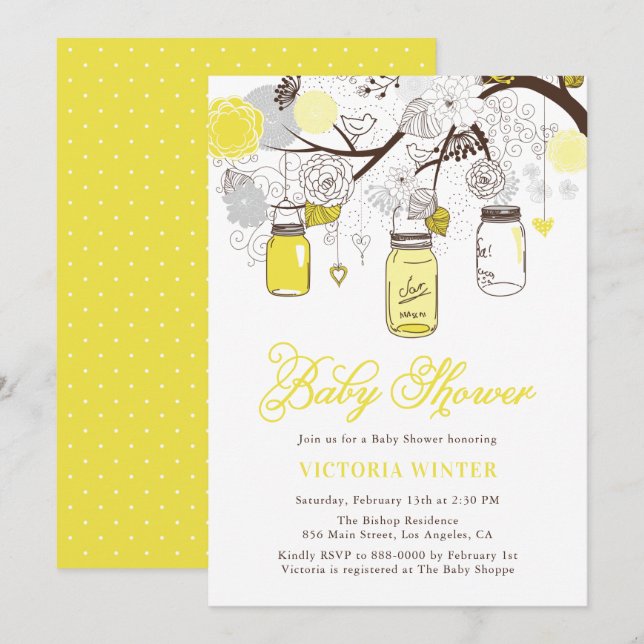 Invitation Jaune pendaison Mason jarres Baby shower floral (Devant / Derrière)