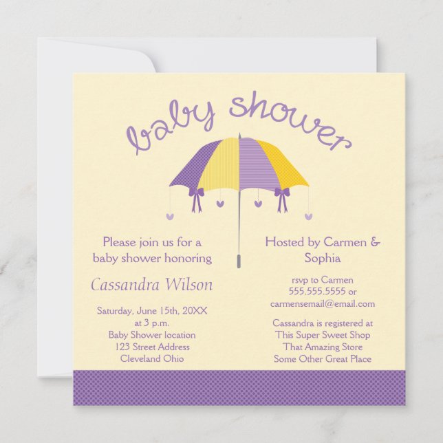 Invitation jaune pourpre de baby shower doux de (Devant)