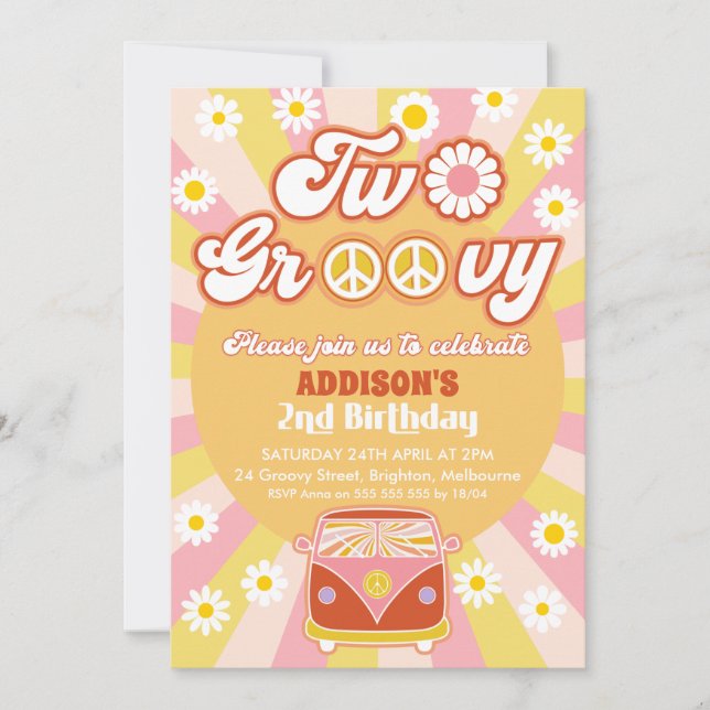 Invitation Jaune rose Brown deux Super Retro 2e anniversaire (Devant)
