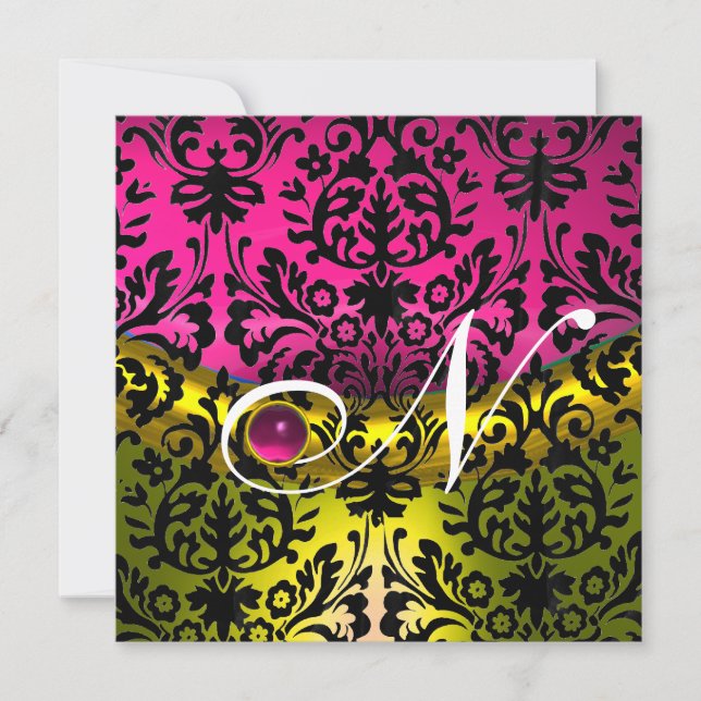 INVITATION JAUNE ROSE FUCHSIA NOIR DAMAS MONOGRAMME TOPAZE (Devant)