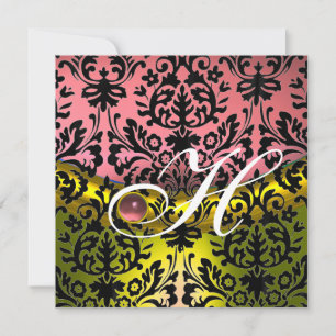 Invitation JAUNE ROSE  NOIR DAMAS MONOGRAMME Améthyste