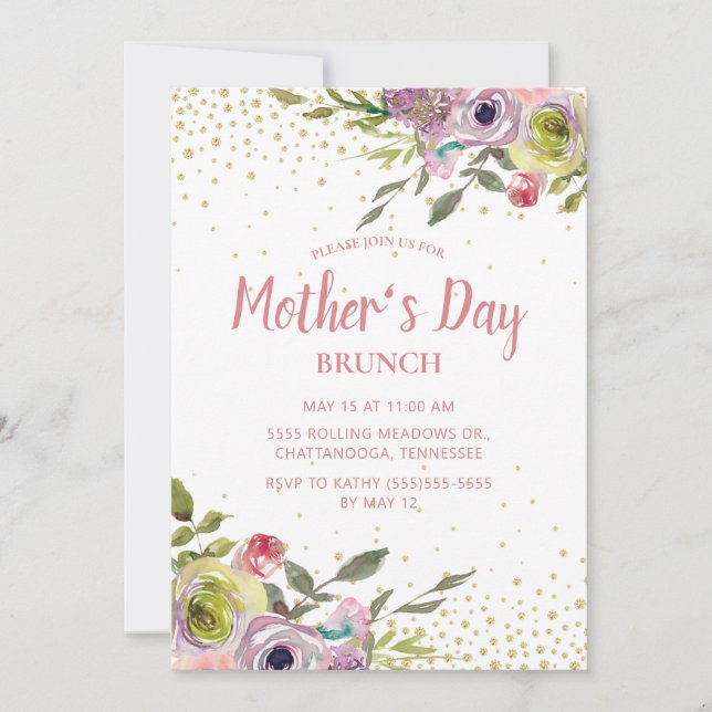 Invitation Jaune rose Parties scintillant d'or Floral Mothers (Devant)
