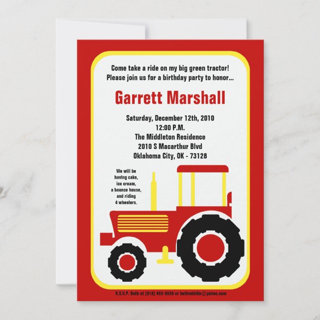 invitation jaune rouge d'anniversaire de tracteur (Devant)
