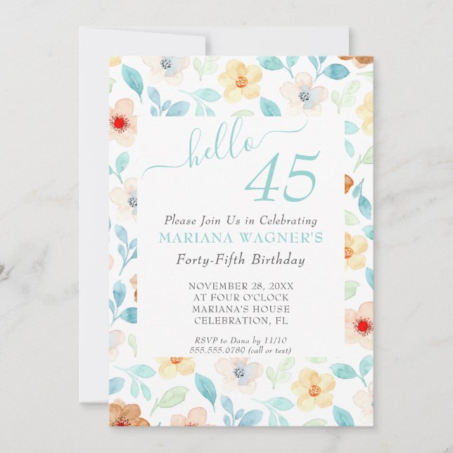 Invitation Jaune Turquoise Floral Élégant Script 45e annivers (Devant)