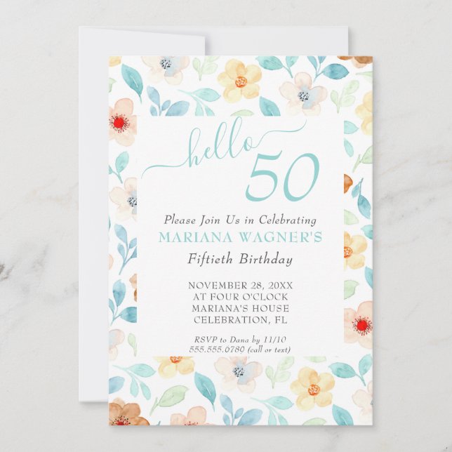 Invitation Jaune Turquoise Floral Élégant Script 50e annivers (Devant)