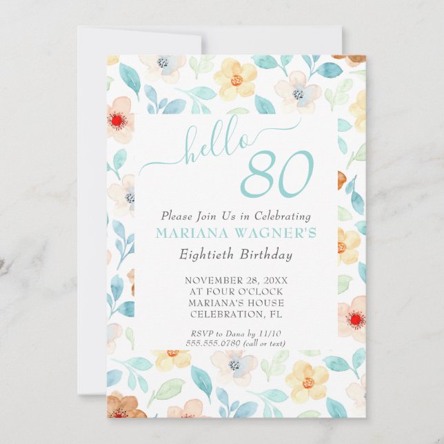 Invitation Jaune Turquoise Floral Élégant Script 80e annivers (Devant)