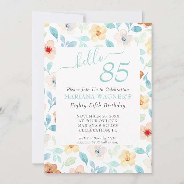 Invitation Jaune Turquoise Floral Élégant Script 85e annivers (Devant)