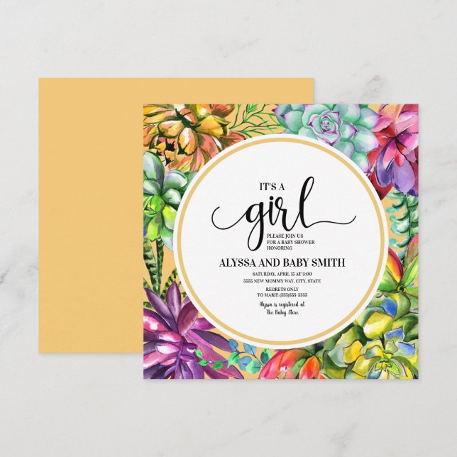 Invitation Jaune Turquoise Violet Succulents Baby Girl Douche (Devant / Derrière)