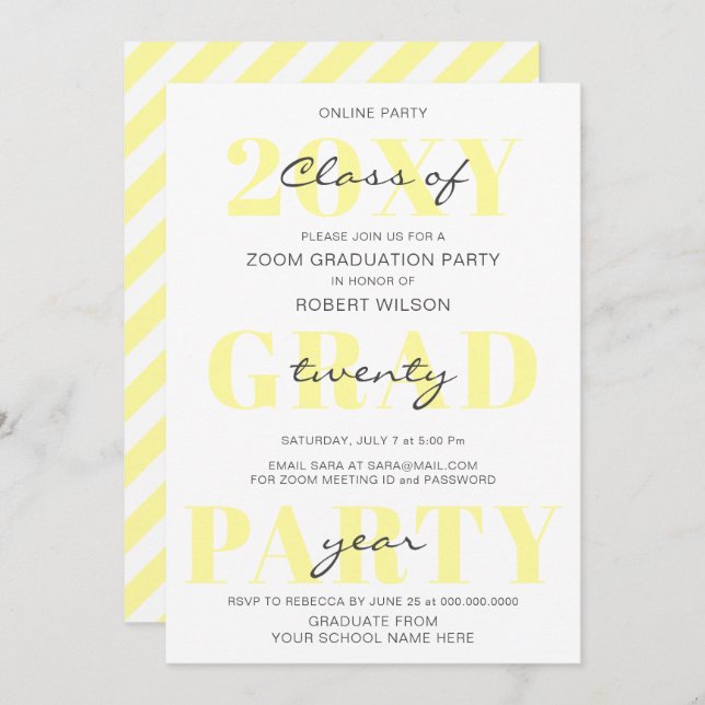 Invitation Jaune Typographie Moderne Online Graduation Party (Devant / Derrière)
