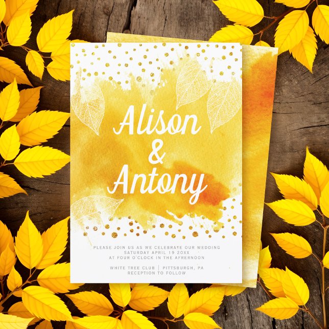 Invitation Jaune typographie or confetti mariage (Créateur téléchargé)