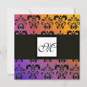 INVITATION JAUNE VIOLET BLEU NOIR MONOGRAMME DAMASSÉ CARRÉ