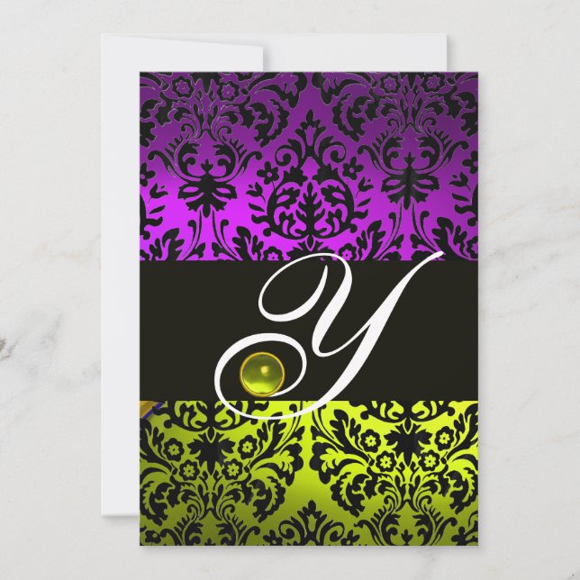 INVITATION JAUNE VIOLET NOIR DAMAS MONOGRAMME TOPAZE (Devant)