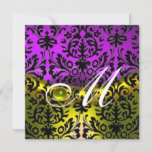 INVITATION JAUNE VIOLET NOIR DAMAS MONOGRAMME TOPAZE
