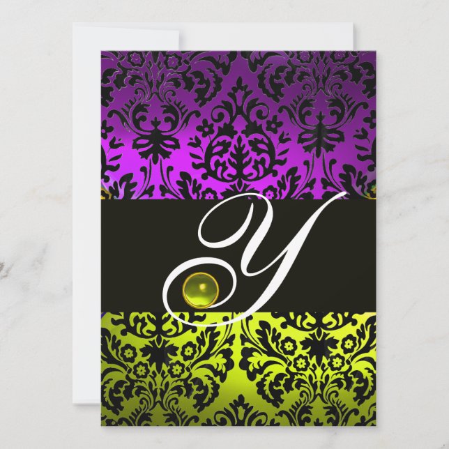 INVITATION JAUNE VIOLET NOIR DAMASQUE MONOGRAMME TOPAZE (Devant)