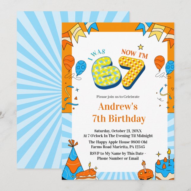 Invitation J'avais 6 ans maintenant j'ai 7 ans Anniversaire c (Devant / Derrière)