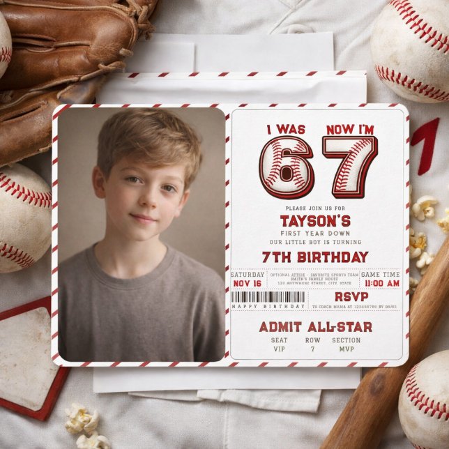 Invitation J'avais 6 ans, maintenant j'ai 7 ans – Baseball 7e (I Was 6, Now I’m 7 – Baseball 7th Birthday Invitation
)
