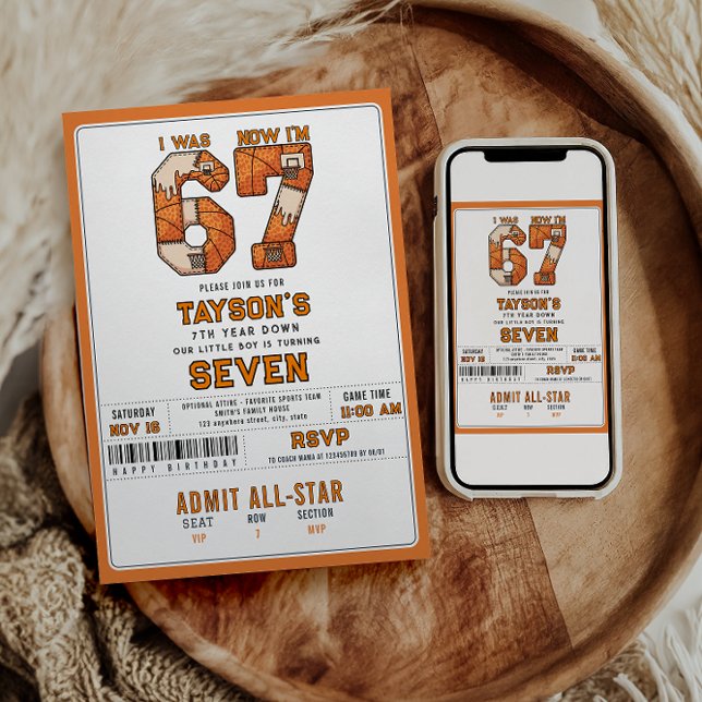 Invitation J'avais 6 ans, maintenant j'ai 7 ans – Basket 7e a (I Was 6, Now I’m 7 – Basketball 7th Birthday Invitation
)