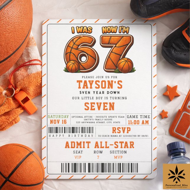 Invitation J'avais 6 ans, maintenant j'ai 7 ans Basket-ball A (I Was 6, Now I’m 7 Basketball Birthday – All-Star Invitation
)