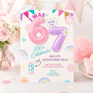 Invitation J'avais 6 ans maintenant j'ai 7 ans pastel Rainbow