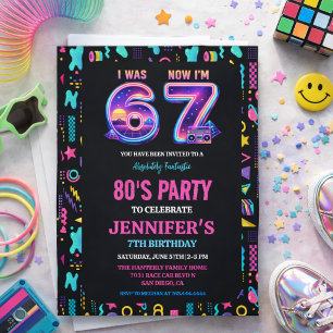 Invitation J'avais 6 ans Maintenant j'ai 7 ans Rétro Néon 7e 