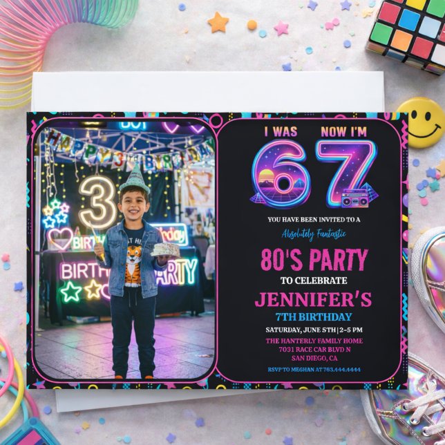 Invitation J'avais 6 ans maintenant j'ai 7 ans Rétro Néon 7èm (I Was 6 Now I’m 7 Retro Neon 7th Birthday photo Invitation
)