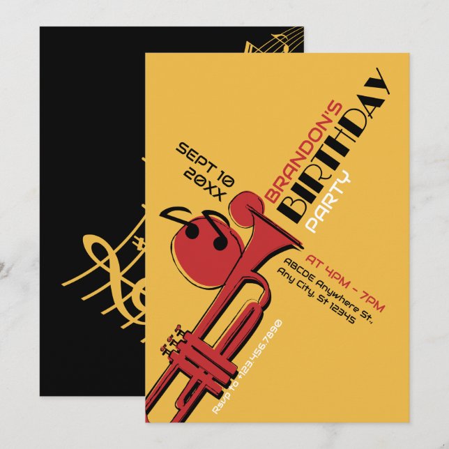Invitation Jazz musique trompette anniversaire (Devant / Derrière)