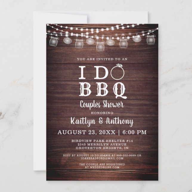 Invitation JE FAIS BBQ Couples Douche Bois Mason Jar Lumières (Devant)
