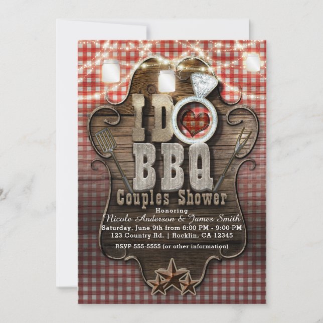 Invitation JE FAIS BBQ En vichy Mason Jars COUPLES DOUCHE (Devant)