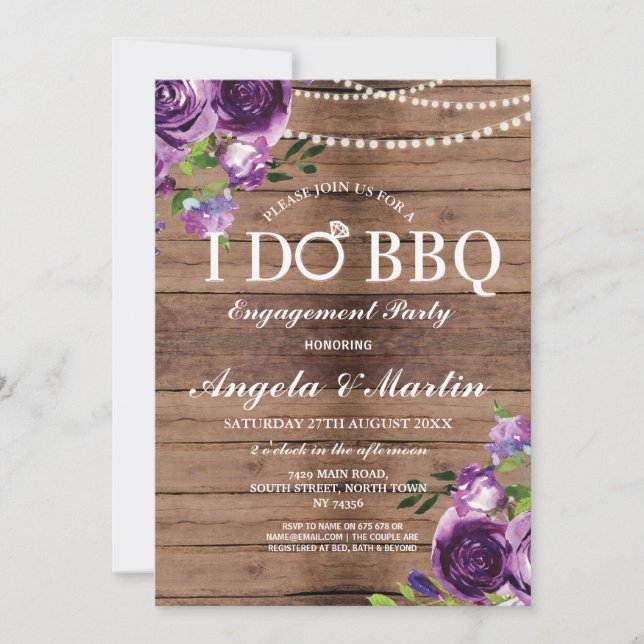 Invitation JE FAIS BBQ Fiançailles Couples Douche Violet Flor (Devant)