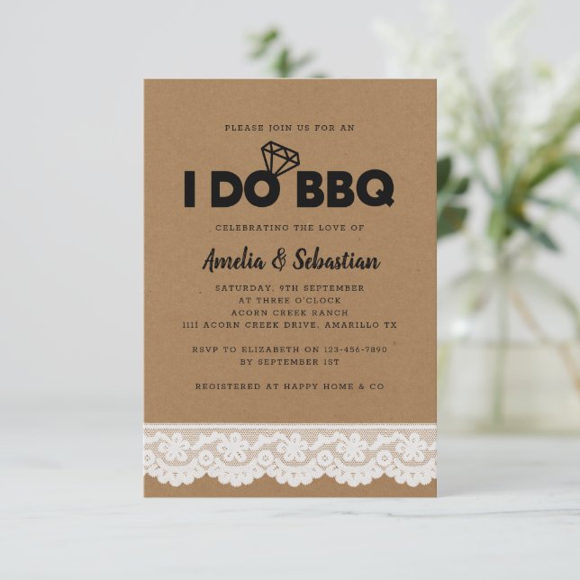 Invitation Je fais BBQ Kraft Fête des mariées dentelle (Debout devant)