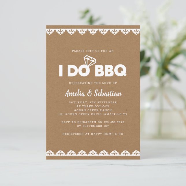Invitation Je fais BBQ Kraft Fête des mariées dentelle (Debout devant)