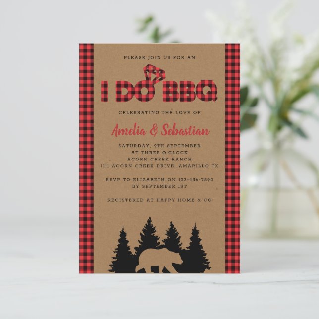 Invitation Je fais BBQ Kraft Plaid Fête des mariées (Debout devant)