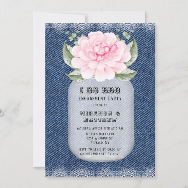 Invitation Je fais BBQ Mason Jar Pink Peony Party (Devant)