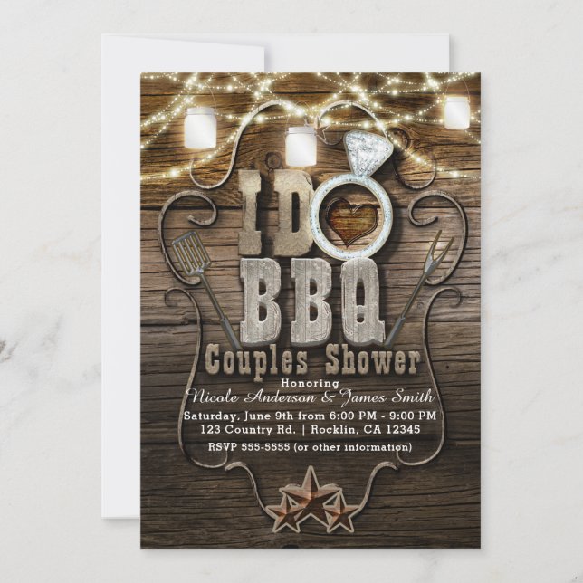 Invitation JE FAIS BBQ Rustic Mason Jars & Lights COUPLES DOU (Devant)