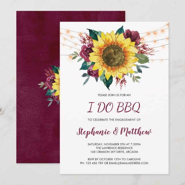 Invitation Je fais BBQ Rustic Sunflower Lumières Fiançailles (Devant / Derrière)